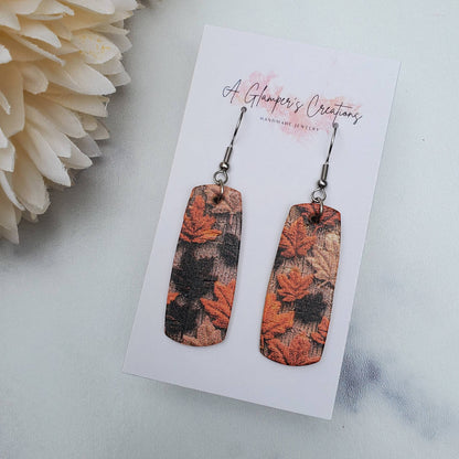 Fall Embroidered Leaves Mini Bar Leather Earrings