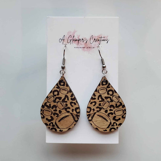 Football Leopard Wooden Teardrop Earrings