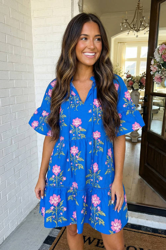 LAS V Neck Short Sleeve Loose Flower Dress (S-XL)