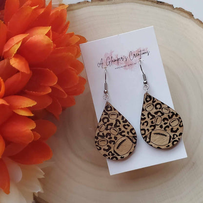 Football Leopard Wooden Teardrop Earrings