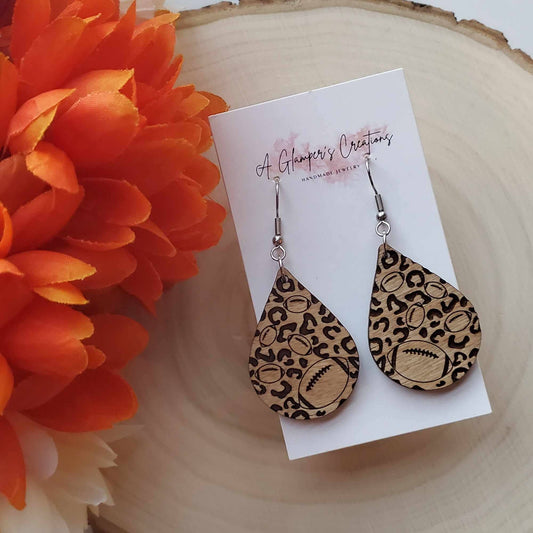 Football Leopard Wooden Teardrop Earrings