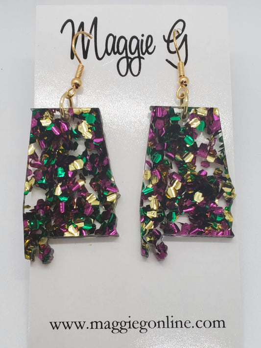 Alabama State Glitter Acrylic Mardi Gras Earrings