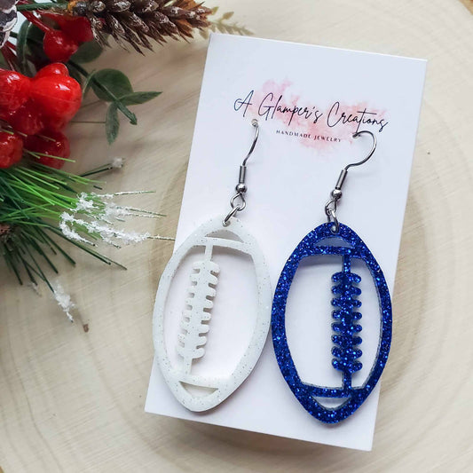 Blue & White Glitter Acrylic Football Game Day Earrings