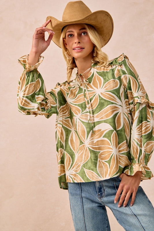 Floral Print Ruffles Detail Top With Front Tie