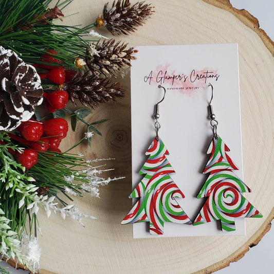 Green, White, & Red Swirls Wooden Christmas Tree Earrings