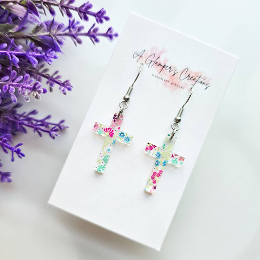 Micro Floral Acrylic Cross Earrings