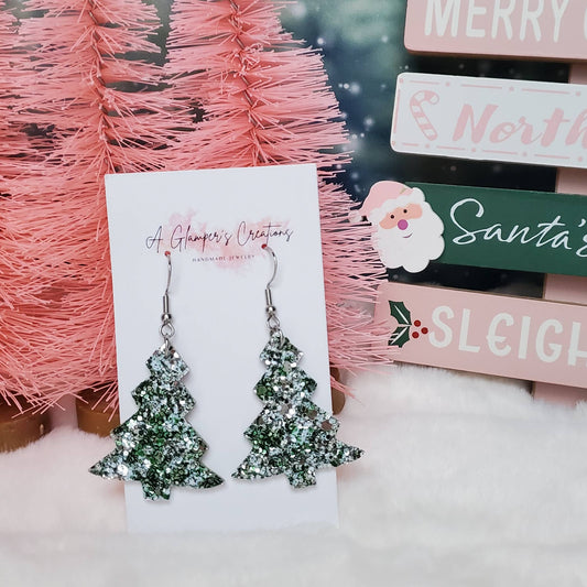 Winter Green Glitter Christmas Tree Leather Earrings
