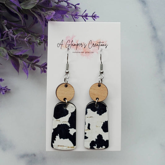 Black & White Cow Print Dangle Wood & Leather Earrings