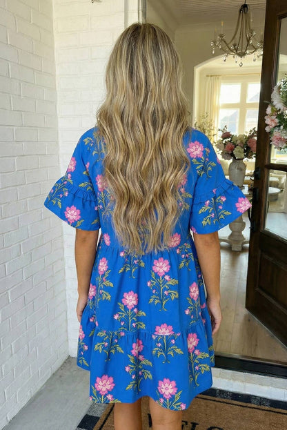 LAS V Neck Short Sleeve Loose Flower Dress (S-XL)