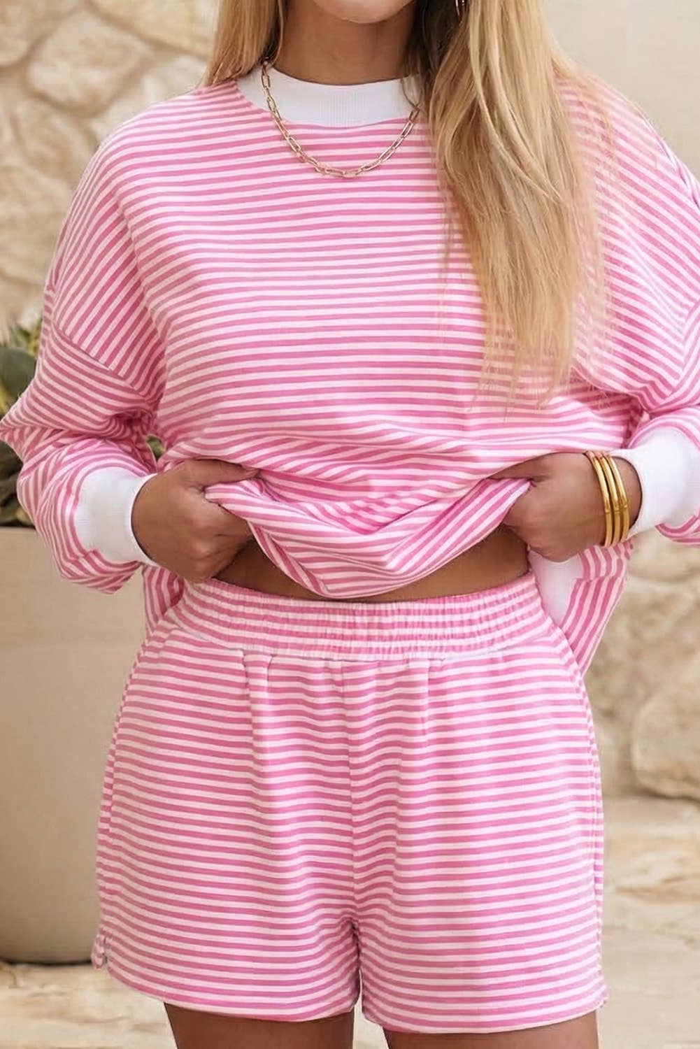 LDC Oversize Stripe Mock Neck Sweatshirt and Shorts Set