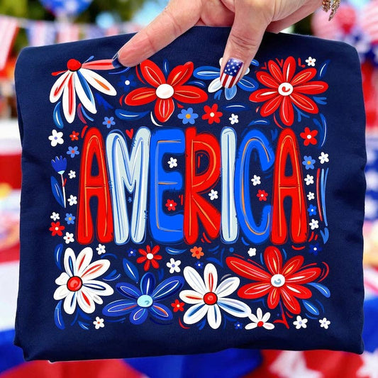 Floral America- Patriotic Graphic T-Shirt