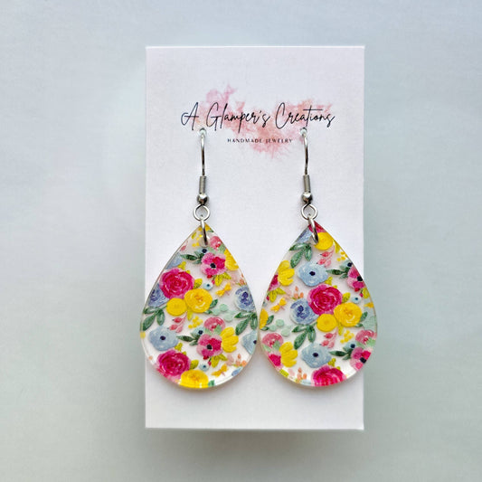 Spring Watercolor Floral Teardrop Acrylic Earrings
