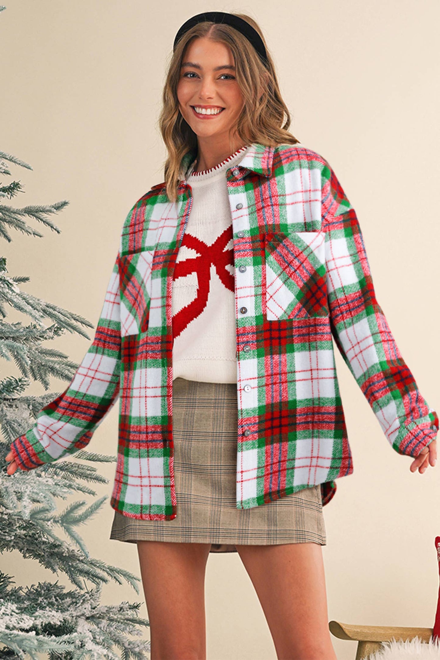LDC Christmas Green Plaid Casual Flannel Shacket