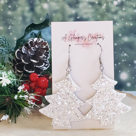 White Glitter Mix Christmas Tree Leather Earrings