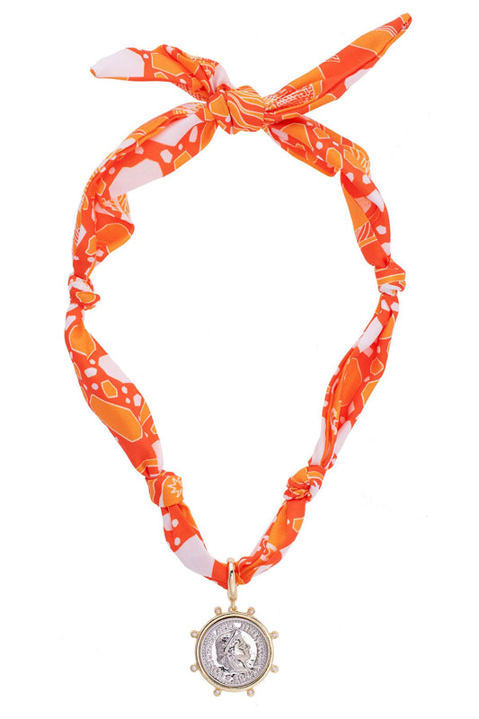Lydia Studded Coin Scarf Necklace in Orange & White