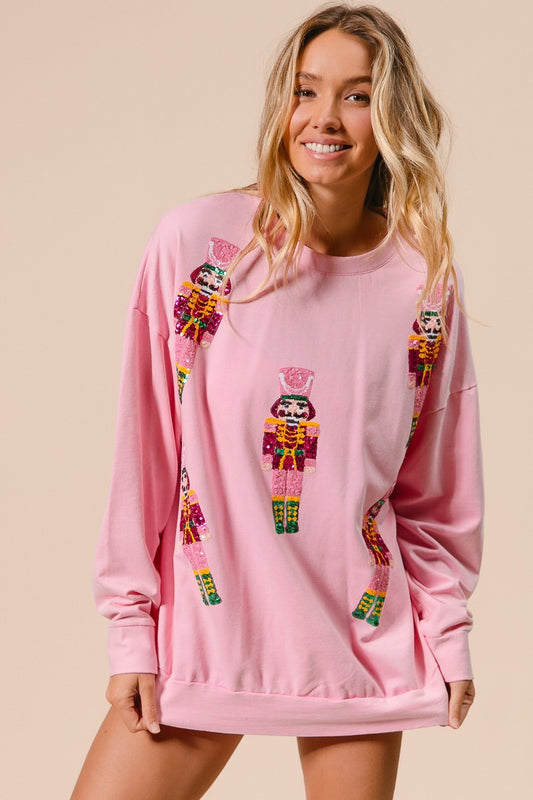 Sequin Nutcrackers Embroidery Christmas Pullover