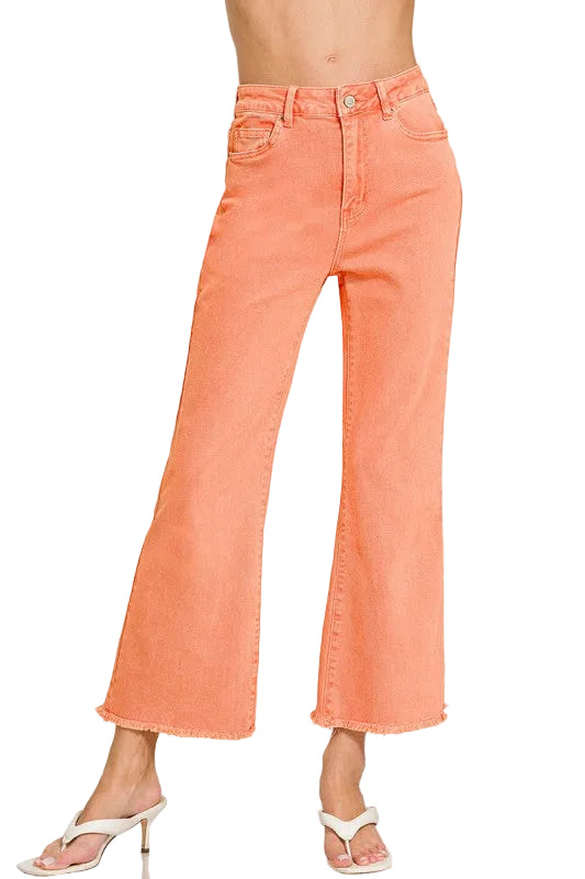 Acid Washed High Waist Frayed Hem Bootcut Pants