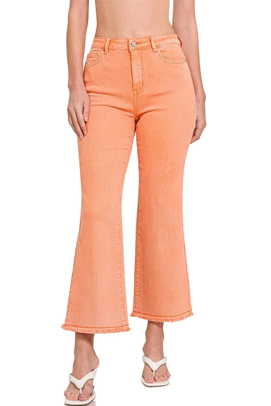 Acid Washed High Waist Frayed Hem Bootcut Pants