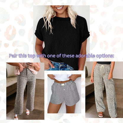 Crinkle Ribbed Knit Round Neck Shirt