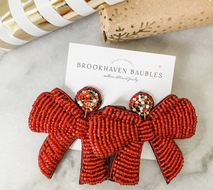 Christmas Bow Beaded Earrings