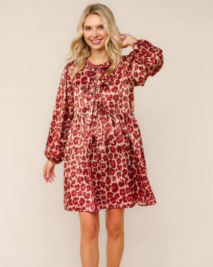 Front Bow Tie Leopard Satin Dress