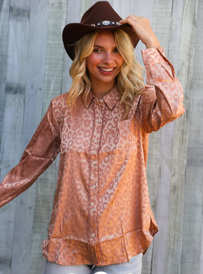 Mauve Silk Leopard Button Blouse