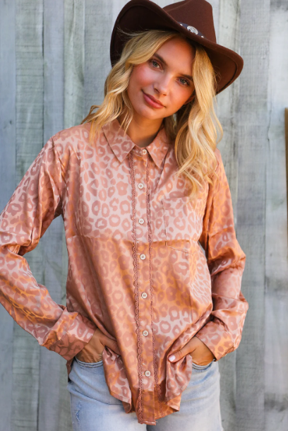Mauve Silk Leopard Button Blouse