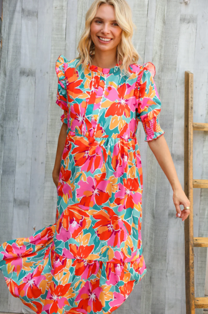 Dazzle In Orange & Aqua Floral Smocked Notched Neck Midi Dress