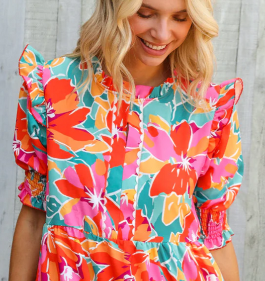 Dazzle In Orange & Aqua Floral Smocked Notched Neck Midi Dress