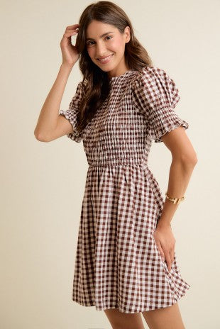 GINGHAM CHECK SMOCKED BODICE PUFF SLEEVES MINI DRESS