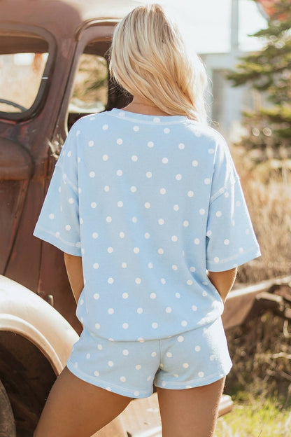 Seam Detail Polka Dot Loose Tee Drawstring Shorts Set
