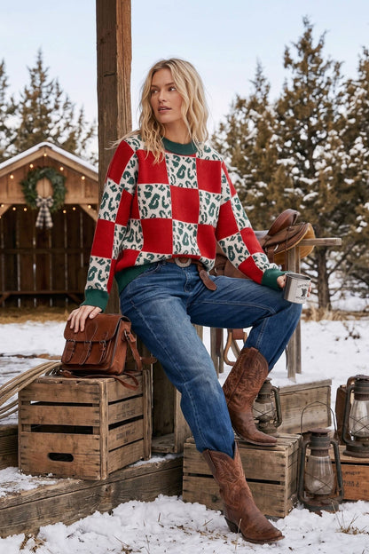Oversized Leopard Checkerboard Knit Sweater