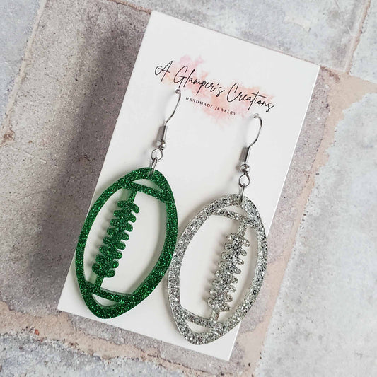 Green & Silver Glitter Acrylic Football Game Day Earrings