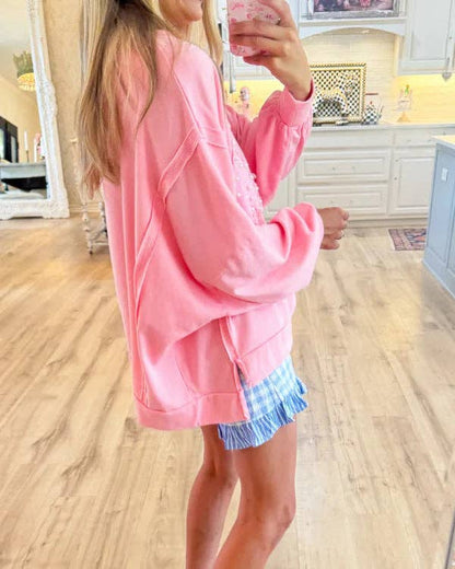 Women's USA Pearl Letter Patch Pink Oversized Sweatshirt Casual Long Sleeve Pullover by