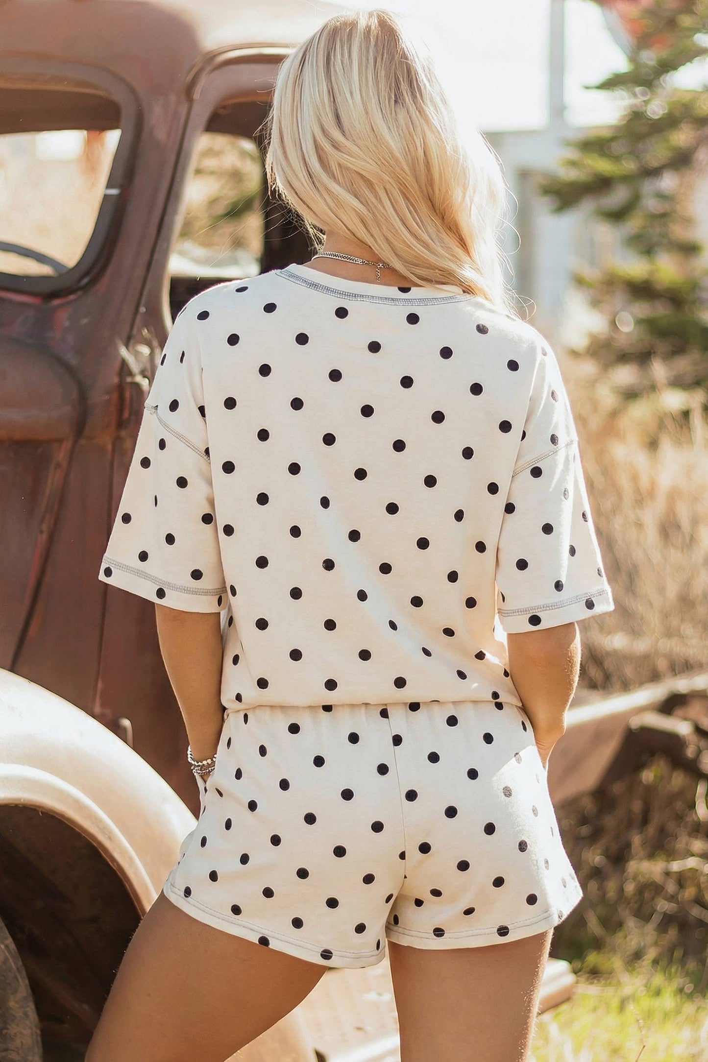 Seam Detail Polka Dot Loose Tee Drawstring Shorts Set