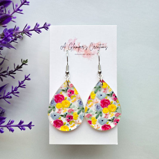 Spring Watercolor Floral Teardrop Acrylic Earrings