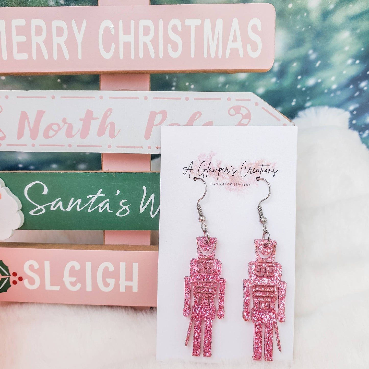 Pink Glitter Nutcracker Acrylic Earrings