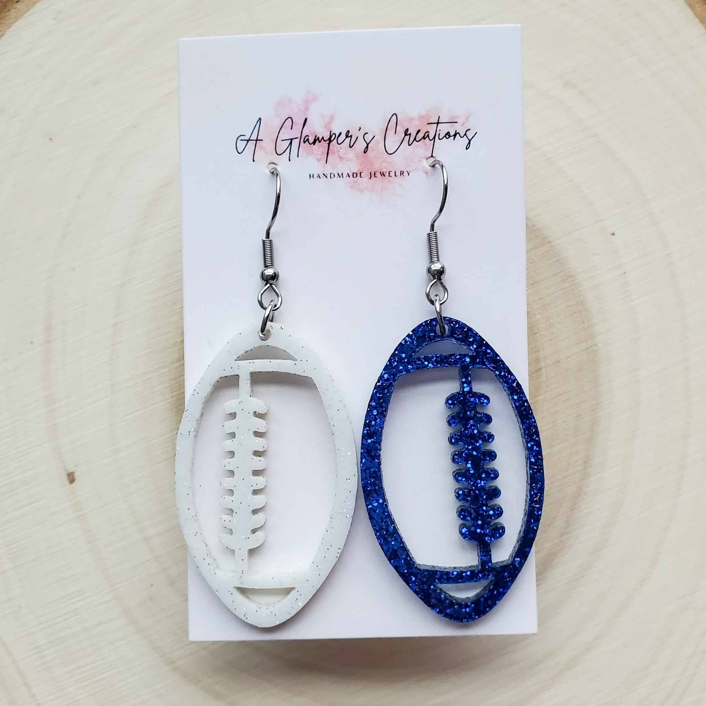 Blue & White Glitter Acrylic Football Game Day Earrings