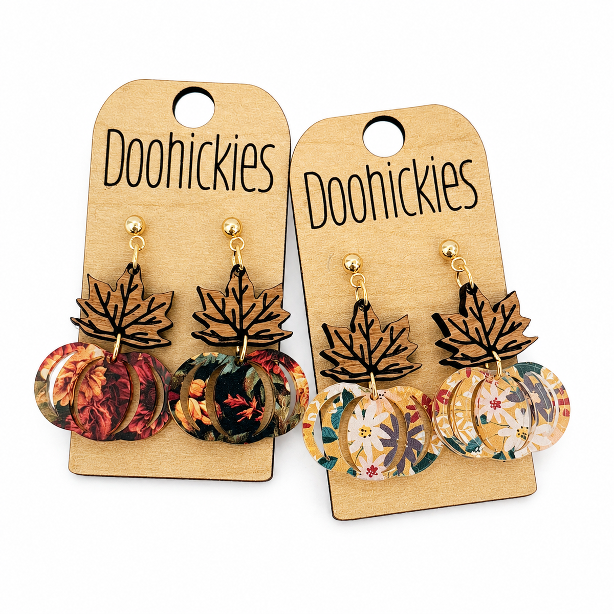 Doohickies - Autumn Blooms Floral Pumpkin Earrings | Acrylic & Wood Fall Earrings