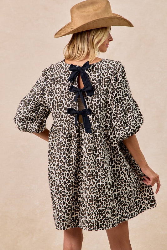 Leopard Denim Dress With Back Contrast Tie Detail