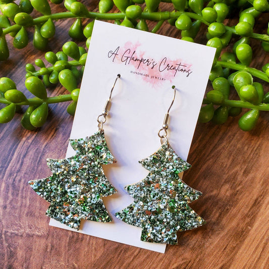 Dark Green Glitter Mix Christmas Tree Leather Earrings