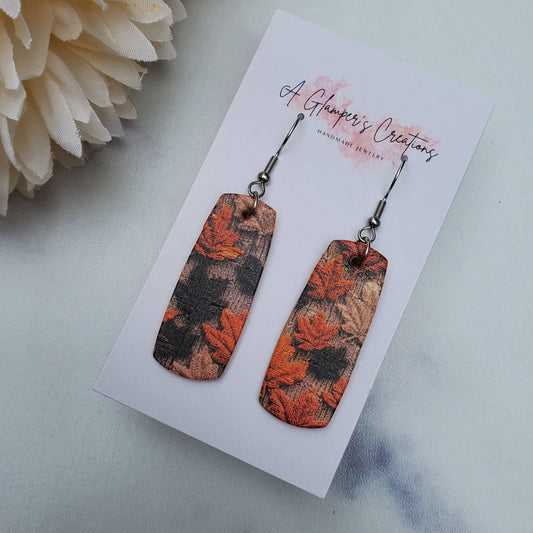 Fall Embroidered Leaves Mini Bar Leather Earrings