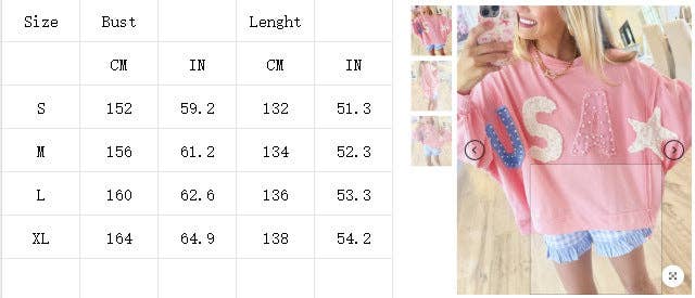 Women's USA Pearl Letter Patch Pink Oversized Sweatshirt Casual Long Sleeve Pullover by