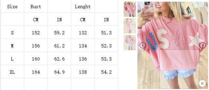 Women's USA Pearl Letter Patch Pink Oversized Sweatshirt Casual Long Sleeve Pullover by