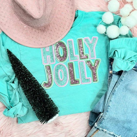 Holly Jolly Sequin Patch Long Sleeve Tee