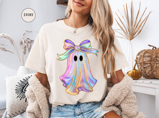 Comfort Colors Iridescent Ghost Pumpkin Shirt, Kawaii Ghost