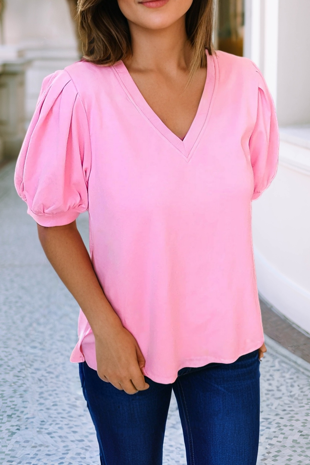 Solid V Neck Puff Sleeve Blouse