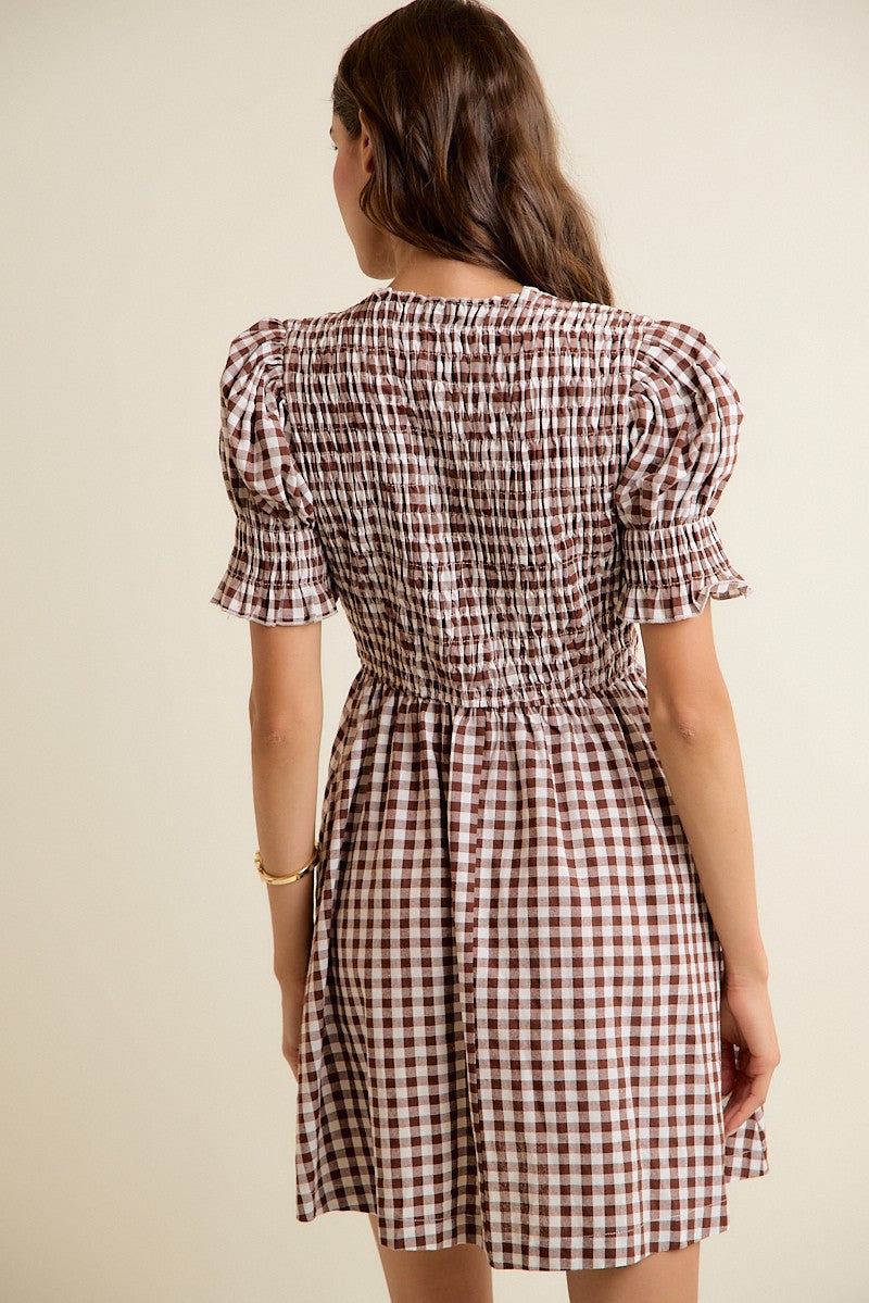 GINGHAM CHECK SMOCKED BODICE PUFF SLEEVES MINI DRESS