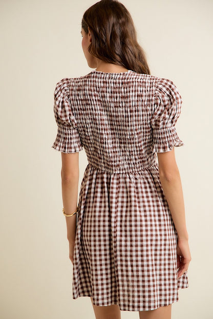 GINGHAM CHECK SMOCKED BODICE PUFF SLEEVES MINI DRESS