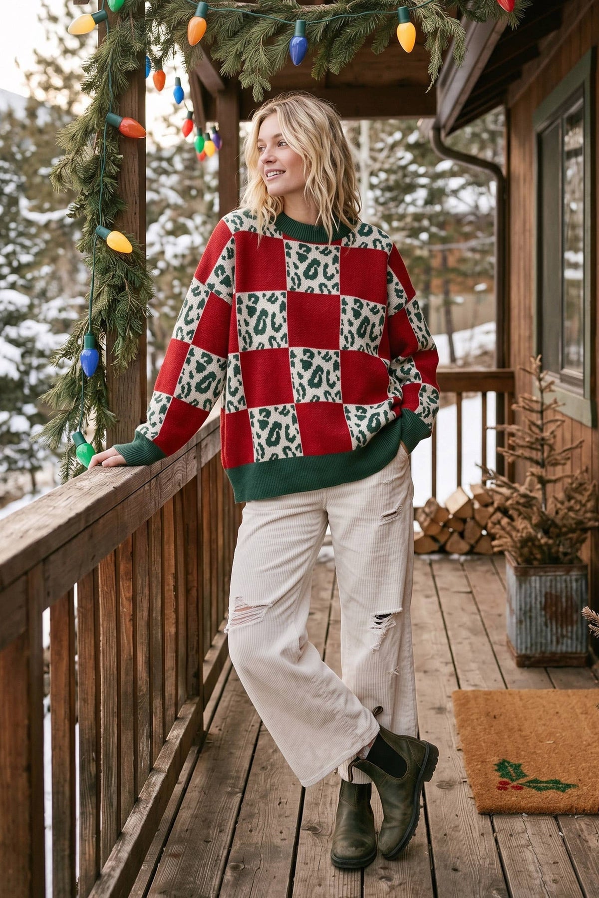 Oversized Leopard Checkerboard Knit Sweater